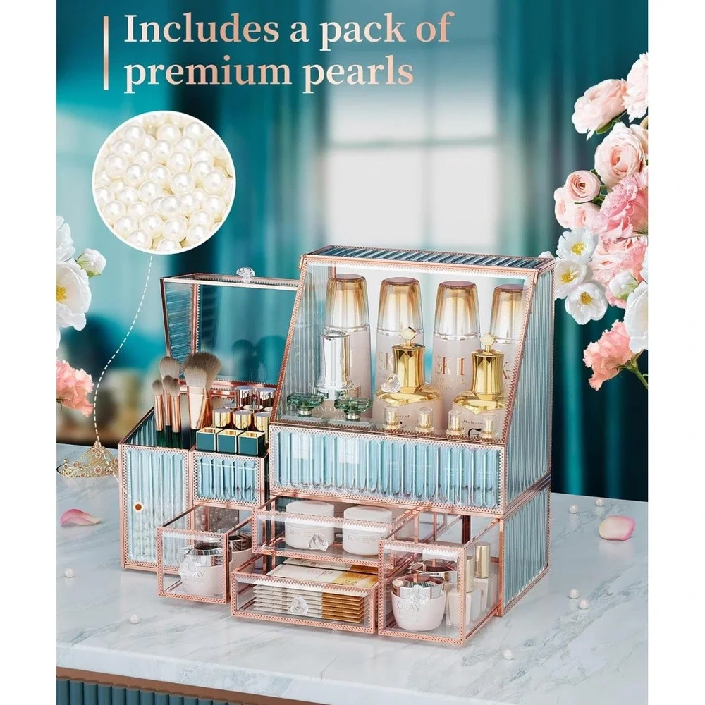 Elegant Glass Cosmetic Organizer with Laced Edge 3 Piece Set, Antique-Gold